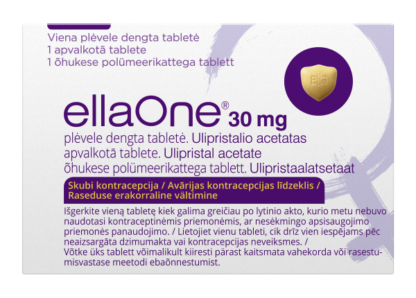 EllaOne package: says the words ellaOne, 30mg, film coated tablet, ulipristal acetate, Emergency Contraception.